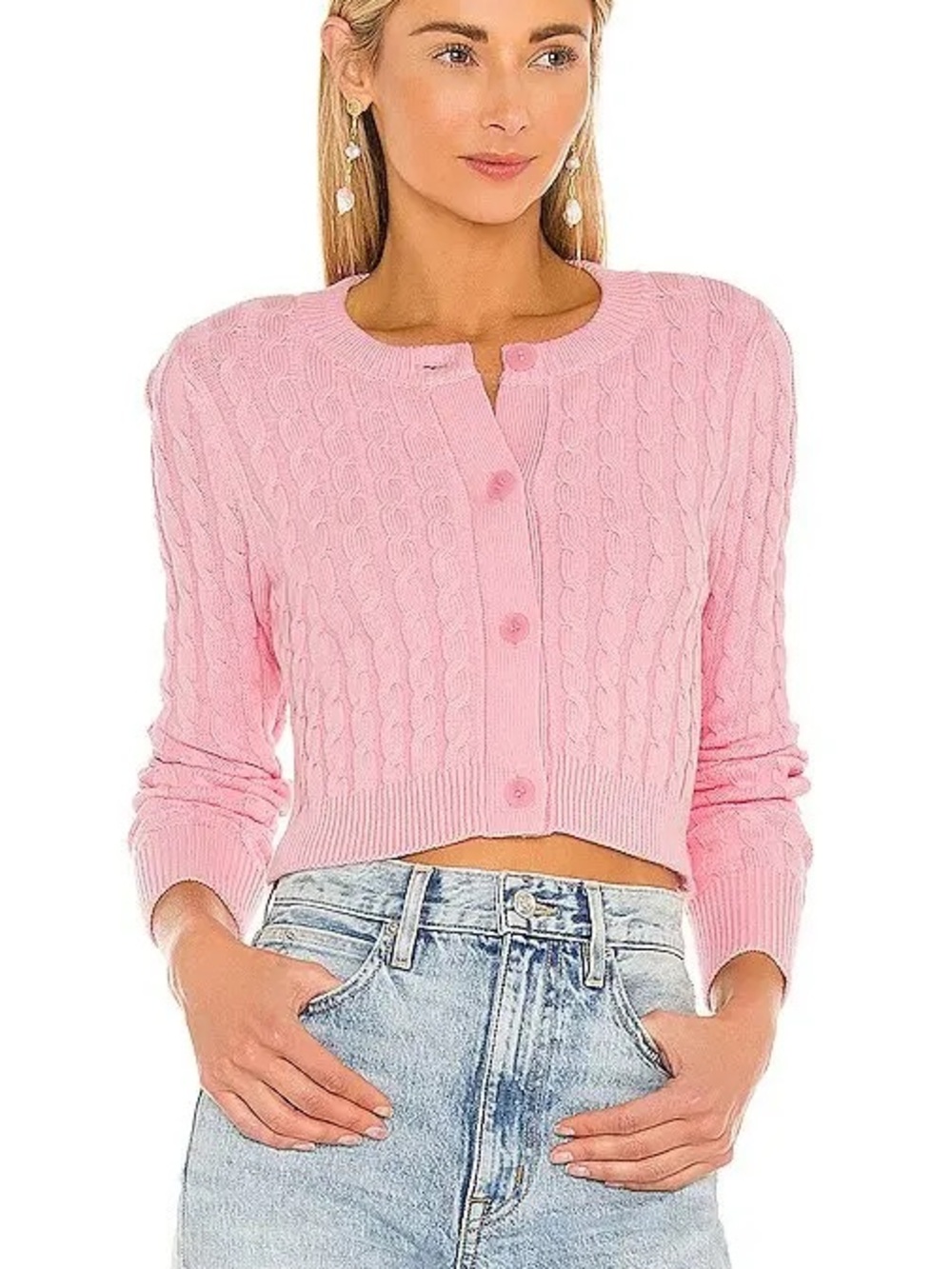 525 Pink Cable-Knit Cropped Button Cardigan Sweater